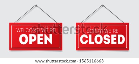 Realistic Red sign Sorry we are closed and Welcome we are open with shadow Foto stock © 