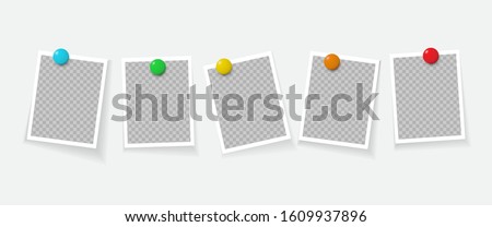 Blank photo frames pinned with magnet. Realistic vector template