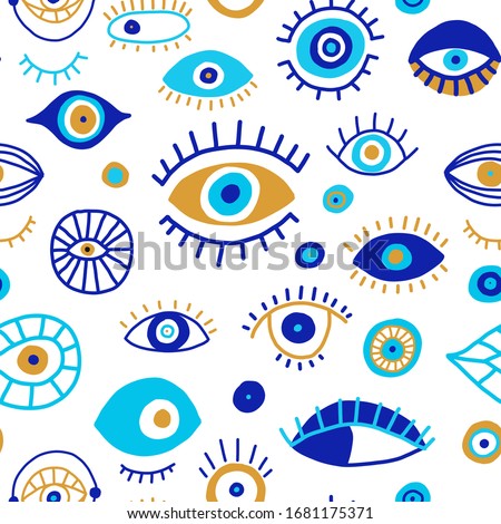 Seamless pattern with doodle drawing evil eyes. Different blue talismans background. 