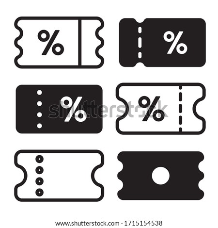 Discount coupon icon set. Black flat signs of ticket with percent sign. Money-saving shopping concept vector illustration