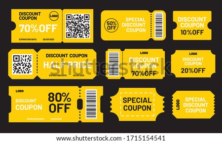 Yellow discount coupon set. Half price, 10, 20, 50, 70, 80% off offers template. Premium special price coupons and best promo retail pricing vouchers. 