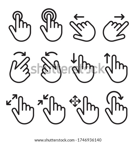 Touch gesture vector line icon set. Hand swipe and slide. Touchscreen technology, tap on screen, drag and drop. Smartphone mobile app or user interface design template. 