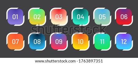 Modern square bullet points set 1 to 12. Colorful gradient web icons template.