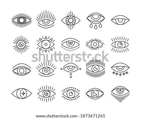 Line art icon set of evil seeing eye. Mystic esoteric signs linear style