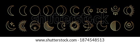 Line art icon set of moon. Gold mystic celestial signs linear style