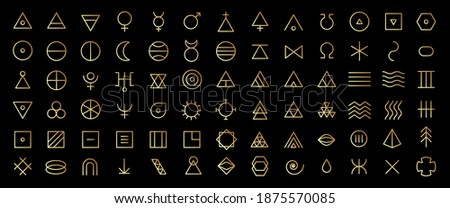 Line art icon set of esoteric glyphs, pictograms and symbols. Golden mystic and alchemy signs linear style