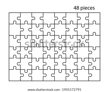 Puzzles grid. Jigsaw puzzle 48 pieces, thinking game and 6x8 jigsaws detail frame