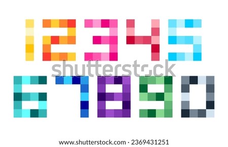 Set of numbers pixel style  consisiting of 1, 2, 3, 4, 5, 6, 7, 8, 9, 0. Square mosaic geometric numeral shapes