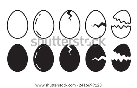 Set of broken eggs icon. Black and outline shapes of cracked egg