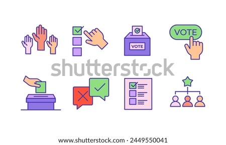 Vote icon set. Voting symbol collection. Election, ballot box, candidate, raising hands and right choice