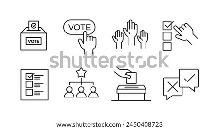 Vote icon set. Voting symbol collection. Election, ballot box, candidate, raising hands and right choice