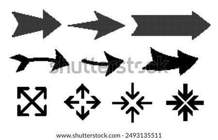 Pixelated arrows collection. Black square dots arrow set