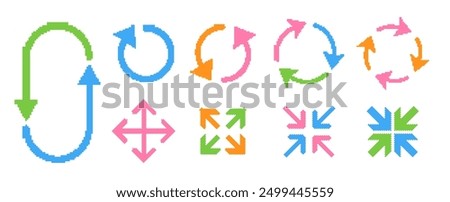 Pixelated arrows collection. Colorful square dots arrow set	