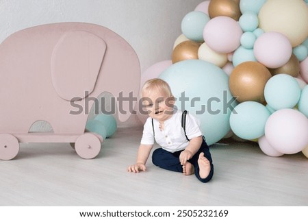 Similar – Image, Stock Photo smiling boy dressed as Joker on dark background