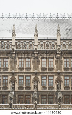 Snowy Munich City Hall as Example of Gothic Architecture