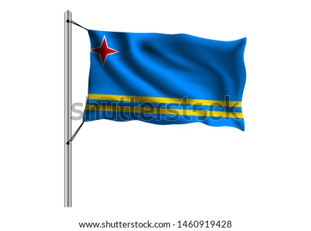 Waving Aruba flag on flagpole on isolated background, flag of Aruba, vector illustration