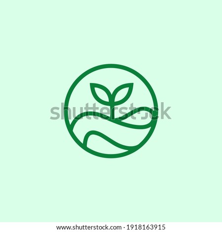 vector illustration of plant or tree logo concept with rounded emblem. outline or monoline logo with green color. 
