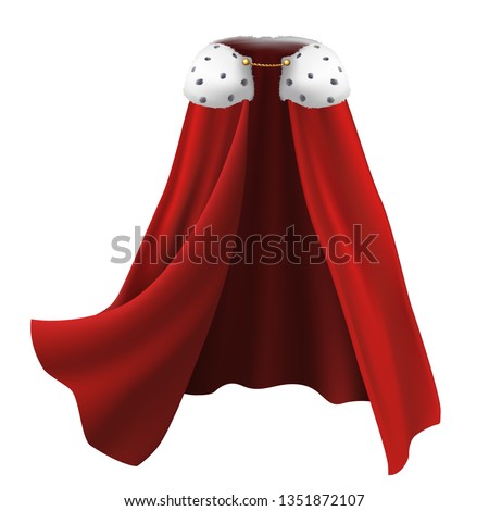 3d realistic cape in red with white fur and golden details. Flowing, wavy fabric for carnival, king and royalty.