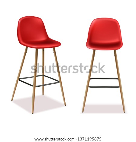 3d realistic vector bar or restaurant stool in front and side view. Isolated on white background. Red plastic and wood.