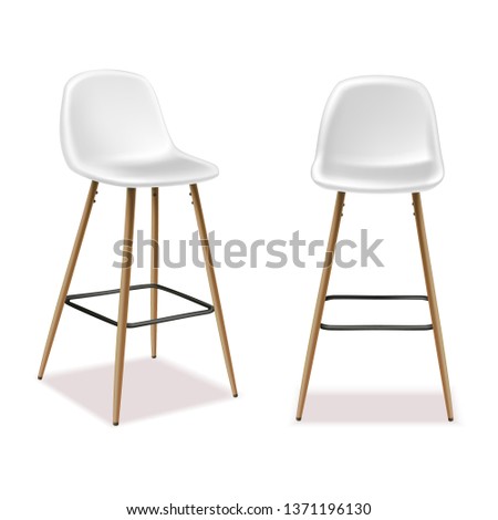 3d realistic vector bar or restaurant stool in front and side view. Isolated on white background. White plastic and wood.