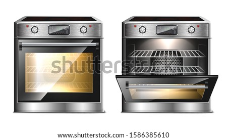 Vector realistic modern oven, multi function stove with touch menu and timer in two views, with open and close door with light.