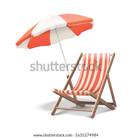 3d realistic vector vacation icon beach sunbed with umbrella, wooden deck chair. Summertime relax. Isolated on white background illustration.