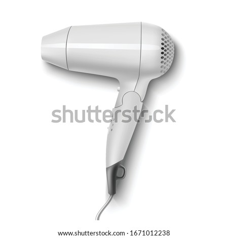 3d realistic vector white hair dryer. Isolated icon on white background.