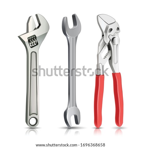 3d realistic vector collection of plumber master  instruments, spanner, wrench. Isolated on white background.