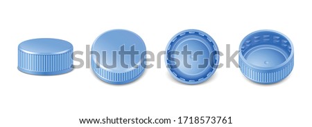3d realistic collection of blue plastic bottle caps in side, top and bottom view.  Mockup with pet screw lids for water, beer, cider of soda. Isolated icon illustration.  Photo stock © 