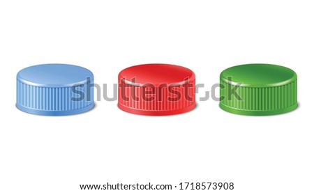 3d realistic collection of red, green, blue plastic bottle caps in side view.  Mockup with pet screw lids for water, beer, cider of soda. Isolated icon illustration.  Stock foto © 