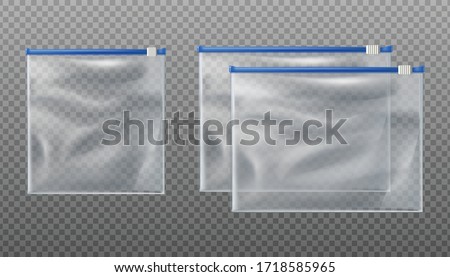 3d realistic vector blue zip slider transparent bags. Empty mockup pouches in different sizes on transparent background.