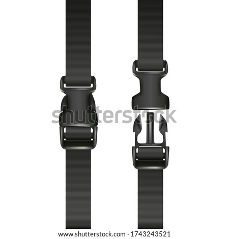 Vector 3d realistic black dual quick release buckle with a strap, closed and opened. Isolated on white background. 商業照片 © 