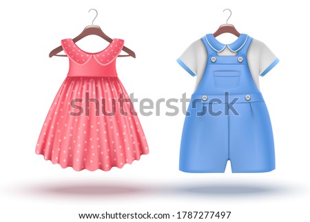 3d realistic vector set of baby girl and baby boy clothes on a hanger. Pink dress and blue romper. Isolated on white background.