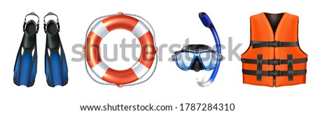 3d realistic vector collection of sea equipment for swimming, snorkeling. Life vest, mask. Isolated on white background. 