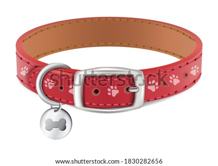 3d realistic vector dog or cat red collar with silver medal. Isolated on white background. Stockfoto © 