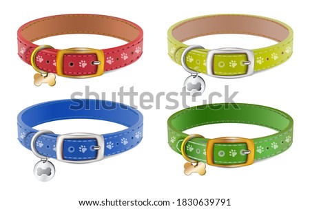 Collection of 3d realistic vector dog or cat collars in blue, red, yellow, green with silver medal. Isolated on white background. Stock foto © 