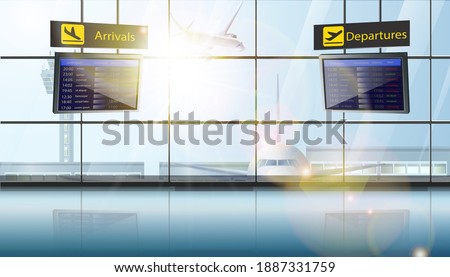 3d realistic vector illustration of airport with planes in the window and flights schedule screens of departure and landing.