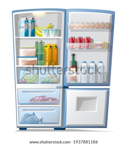 Vector cartoon style fridge with food inside: frozen meat and fish, bottles of water and juice, eggs etc. Isolated on white background.