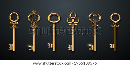 3d realistic vector collection of golden old vintage keys.