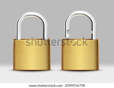 3d realistic vector set of square golden padlock open and closed. 