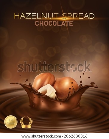 3d realistic vector background. Hazelnut spread background. Chocolate nutella splash with nuts.