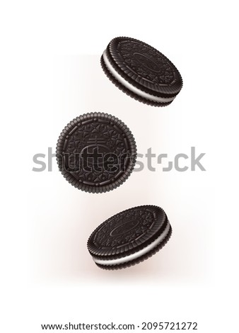 3d realistic vector icon. Falling chocolate cookies. Isolated on white background.