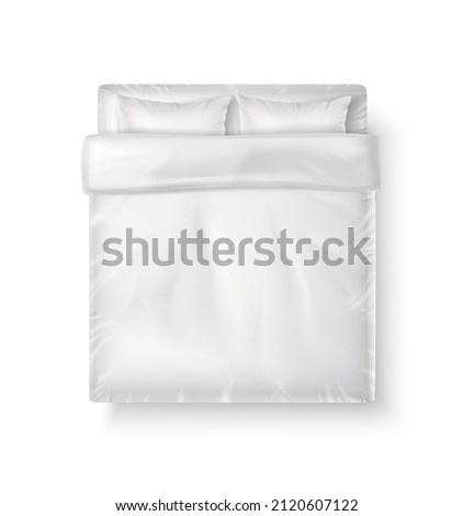 3d realistic vector icon. White bedsheets, top view of king size bed with two pillows and duvet.