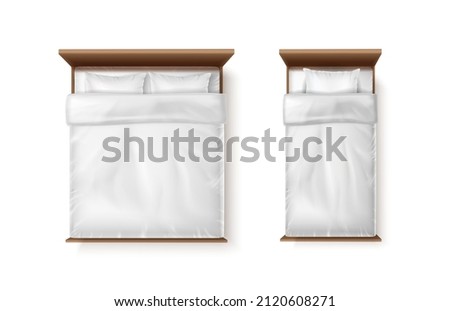 3d realistic vector icon set. Single and double bed with white bedsheets, duvet and two pillows.