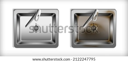 3d realistic vector mock up. Metal kitchen washbasin with and without rust.