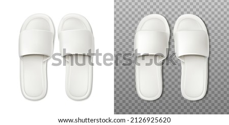 3d realistic vector icon. White slippers on white and transparent background. Top view. Salon, spa and brand banner template.