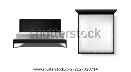 3d realistic vector icon set. Black wooden bed frame with mattress in top and front view.