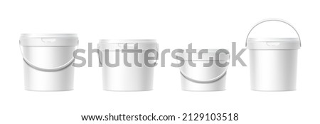 3d realistic vector icon set. Different shapes white plastic bucket with lid. Front view. 