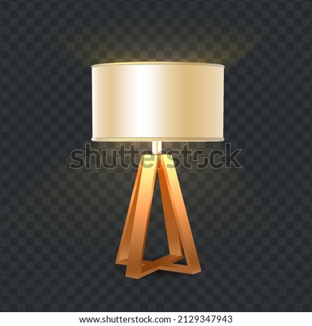3d realistic vector icon. Modern table lamp with wooden decorative legs. Glowing light in the dark.