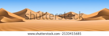 Big 3d realistic background of sand dunes. Desert landscape with blue sky.